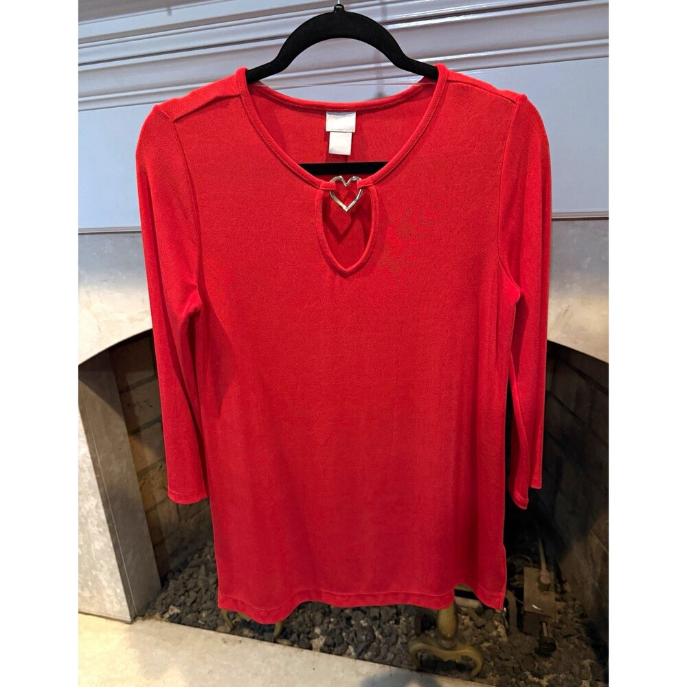 Chico’s Travelers Red Keyhole Neck 3/4 Sleeve Knit Stretch Top Size 0